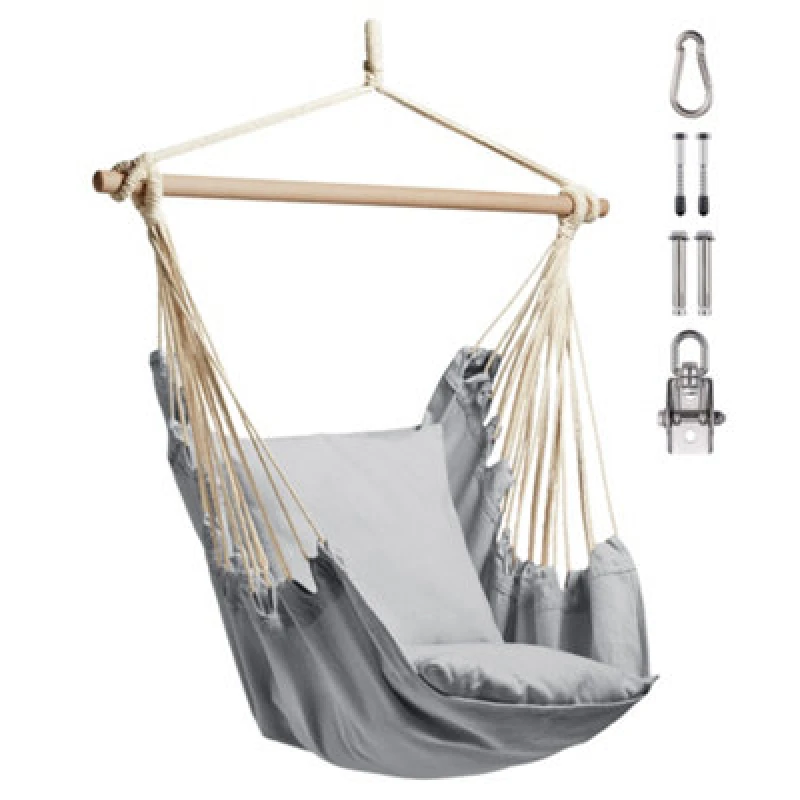 Image of Vonhaus Hanging Chair, Grey Garden Hammock Chair Swing Seat, Cotton Rope Swing Chair With Tree Attachment, Portable Garden Chair
