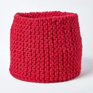 Image of Homescapes - Red Cotton Knitted Round Storage Basket, 42 x 37cm - Red