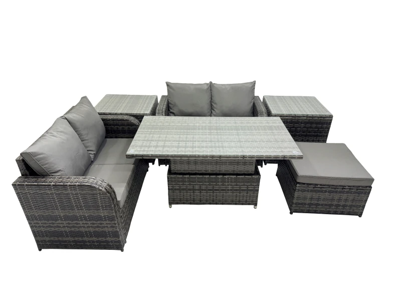 Image of Fimous 5-seater Rattan Garden Furniture Set with Big Stool 2 Side Tables in Dark Grey Dark Grey Unisex