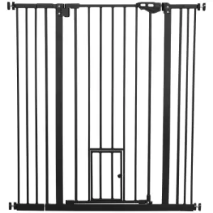 Image of PawHut Extra Tall Pet Gate, Indoor Dog Safety Gate, with Cat Flap, Auto Close, 74-101cm Wide - Black