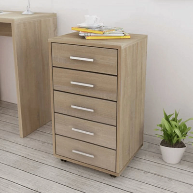 Image of vidaXL Office Drawer Unit with Castors 5 Drawers Oak Side Storage Cabinet