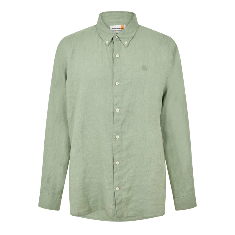 Image of Timberland Mens Mill Brook Linen Leaf Green Long-Sleeve Plain Shirt Pro Green Bay male S