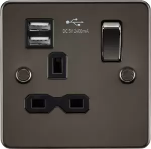 Image of KnightsBridge Flat plate 13A 1G switched socket with dual USB charger (2.4A) - gunmetal with Black insert