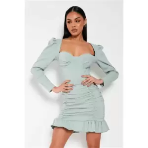 Image of I Saw It First Sage Bengaline Sweetheart Ruched Frill Hem Bodycon Dress - Green