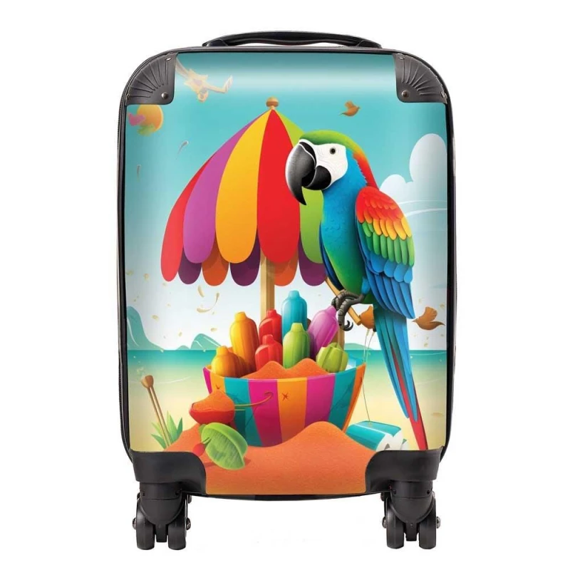 Image of Warren Reed - Designer Parrot On A Beach Holiday Suitcase in Yellow Size: Medium Yellow Unisex Medium