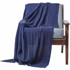 Image of Cotton Cable Knit Throw Navy Blue, 150 x 200cm - Blue - Homescapes