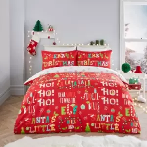 Image of Christmas Santa's Little Helper Cotton Rich Reversible Duvet Cover Set, Red, Single - Fusion