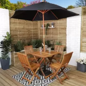 Image of Outdoor 4 Person Folding Square Wooden Garden Patio Dining Table Chairs Parasol and Base Set