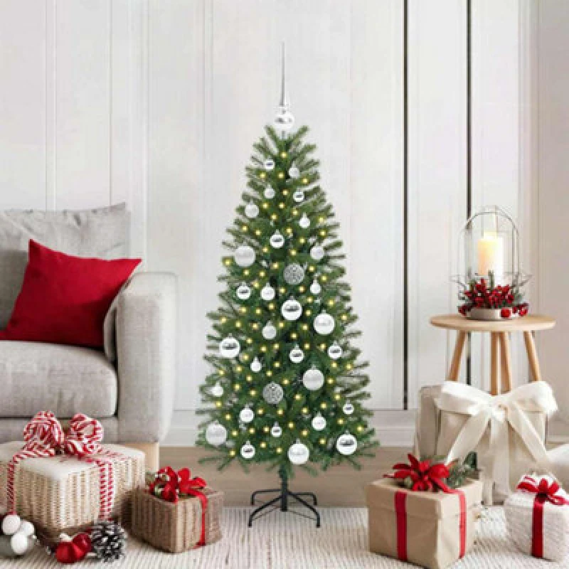 Image of vidaXL Artificial Christmas Tree with 150 LEDs, Silver Balls Green 120 x 75cm PE and PVC, Green 3397333