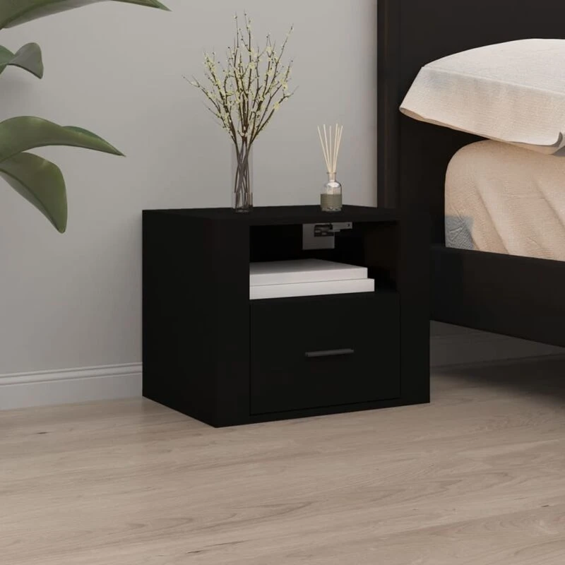 Image of Vidaxl Wall-mounted Bedside Cabinet Bedroom Floating Bedside Wall Unit Floating Nightstand Wall Bedside Cabinet For Next To Bed Black 50X36X40 Cm, Bla