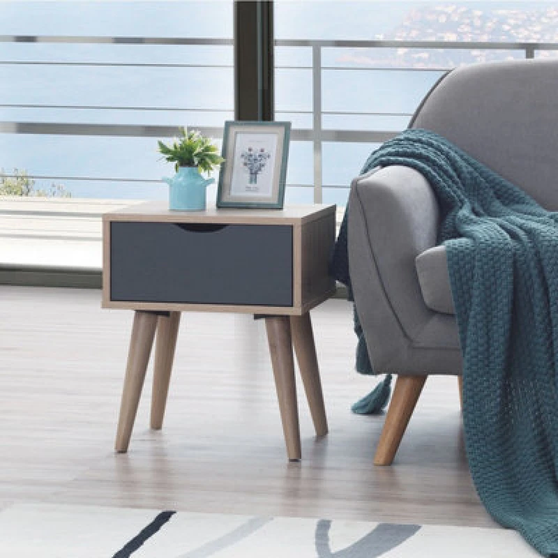 Image of Timber Art Design Alford Bedside Lamp Side Table 1 Drawer Scandinavian Sonoma Oak & Grey