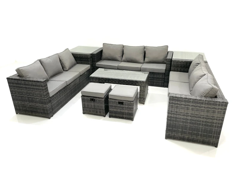 Image of Fimous Outdoor Garden Furniture Set 11 Seater Rattan Sofa Set with Coffee Table 2 Small Footstools 2 Side Tables Dark Grey Mixed Dark Grey