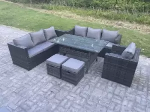 Image of Fimous 7 Seater Outdoor Dark Grey Rattan Lounge Complete Sofa Set with Rectangular Table and 2 Stools
