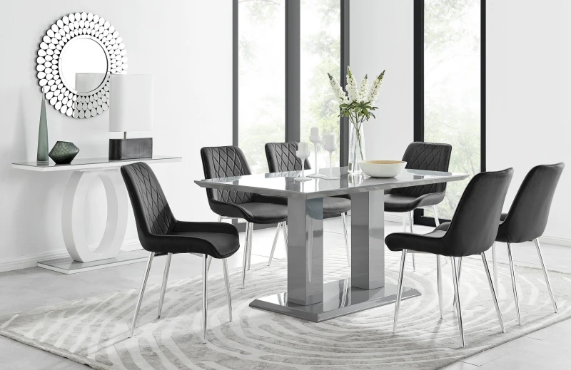 Image of FurnitureboxUK FurnitureboxUK Imperia 6 Grey Dining Table and 6 Pesaro Silver Leg Chairs in Black One Size Unisex 5056542662485