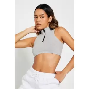 Image of I Saw It First Half Zip Racer Neck Cotton Crop Top - Grey