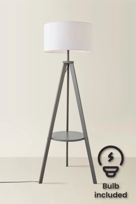 Image of ValueLights Morrigan Grey Wood Tripod Floor Lamp With Fabric Drum Lamp Shade and LED Bulb White