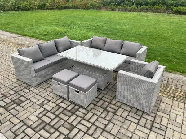 Image of Fimous 7 Seater Outdoor Dark Grey PE Rattan Lounge Complete Sofa Set with Adjustable Dining Table and 2 Stools