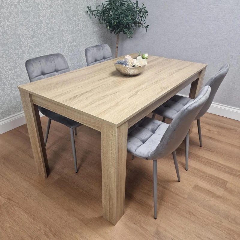 Image of KOSY KOALA Dining Table and 4 Chairs Oak Effect Wood 4 Grey Velvet Chairs Dining Room Oak table 117 + 4 grey rocco