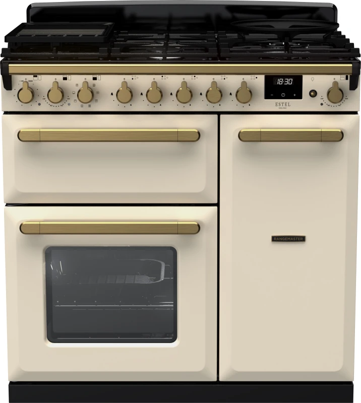 Image of Rangemaster Estel Deluxe ESDL90DFPPCR/AB1 90cm Dual Fuel Range Cooker - Cream / Antique Brass - A/A Rated