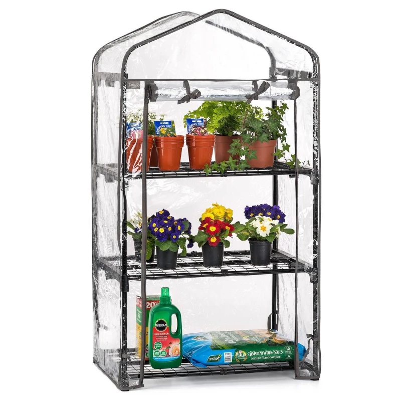 Image of Christow 3 Tier Mini Greenhouse PVC Cover Garden Grow House Three Shelves Roll Door Clear