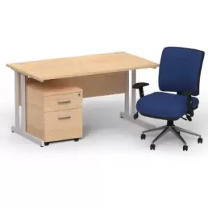 Image of Impulse 1400 x 800 Silver Cant Office Desk Maple + 2 Dr Mobile Ped & Chiro Med Back Blue W/Arms