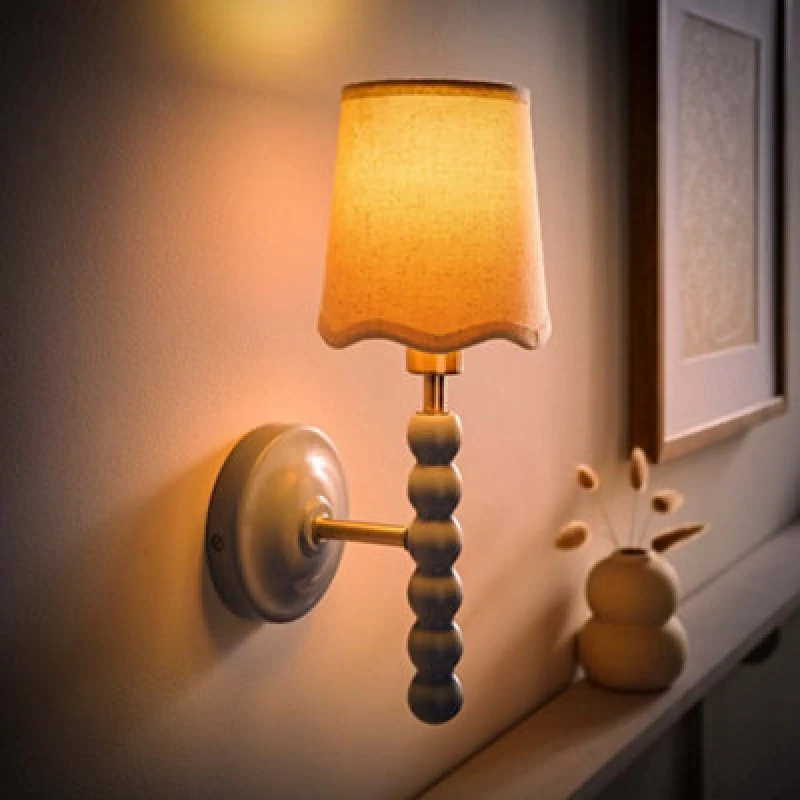 Image of ValueLights ValueLights Bobbins Pastel Bobble Wall Light and Natural Linen Lamp Shade and Bulb in Pale Blue Pale Blue One Size Unisex 5059406069291