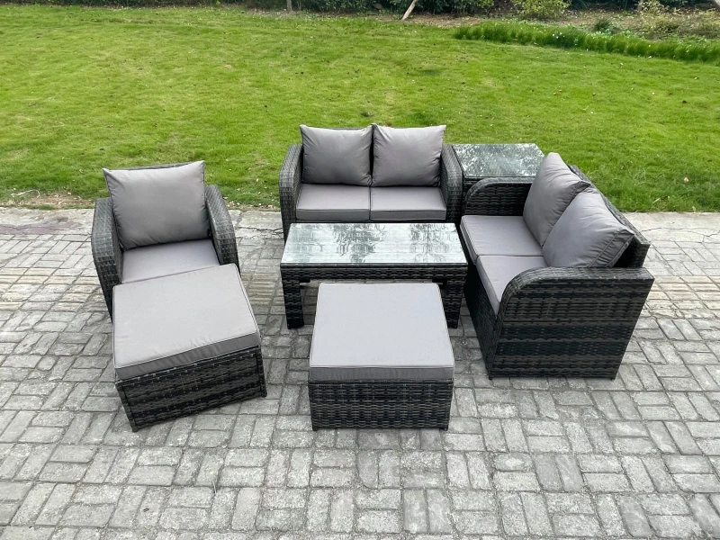 Image of Fimous 7 Pcs Rattan Outdoor Garden Furniture Sofa Set Patio Table & Chairs Set with Side Table 2 Big Footstool Dark Grey Mixed Dark Grey