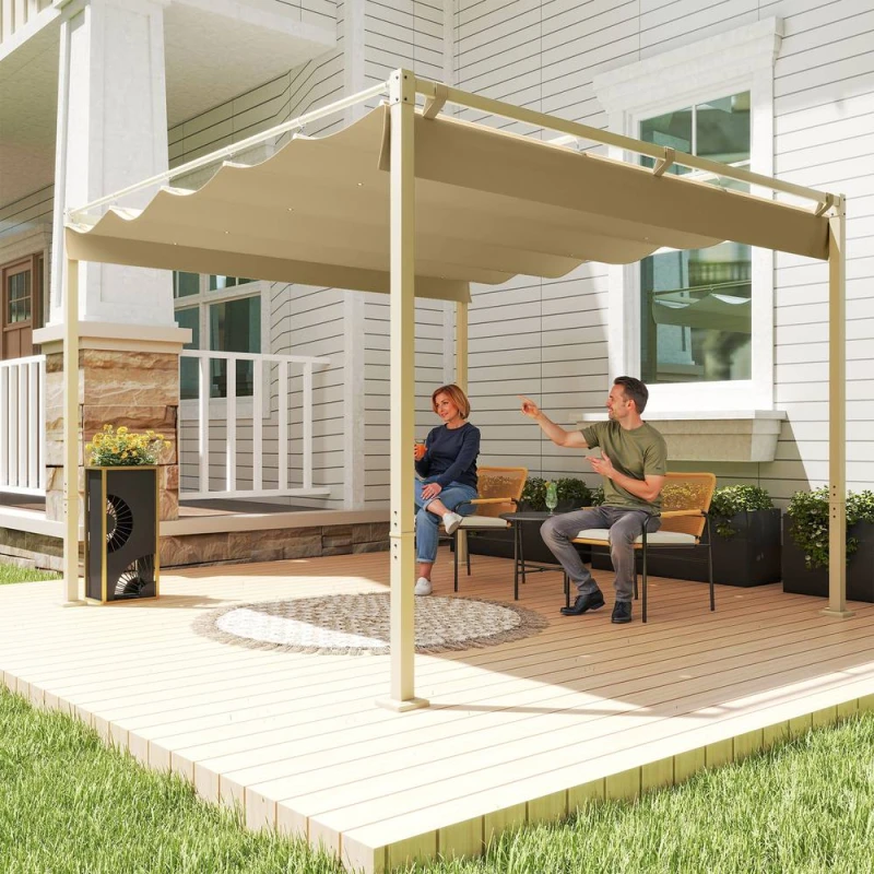 Image of Outsunny 3 x 3(m) Garden Pergola with Retractable Roof - UPF30+ - Khaki TJ Hughes Grey 5063603706781