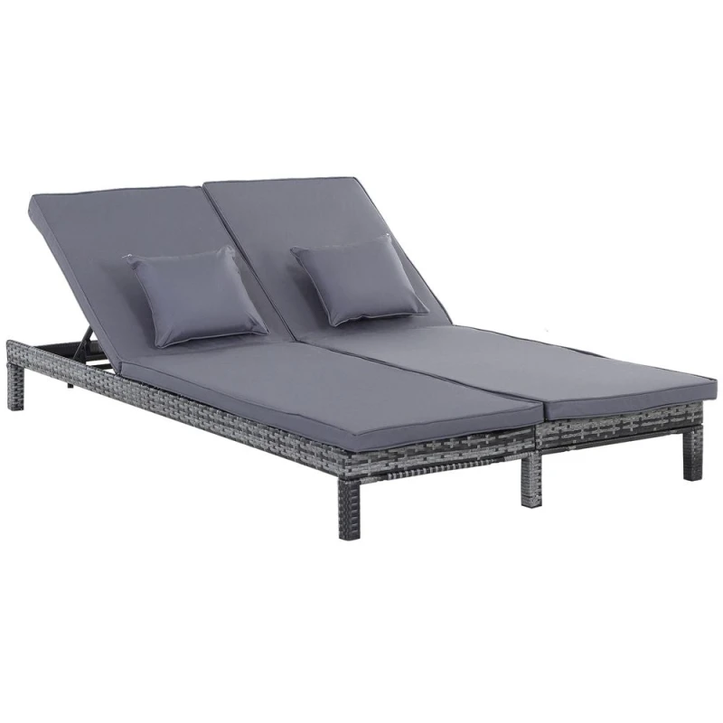 Image of Outsunny 2 Person Rattan Lounger Adjustable Double Chaise Chair w/ Cushion Grey