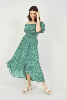 Image of Green Ditsy Daisy Printed Dipped Hem Bardot Dress