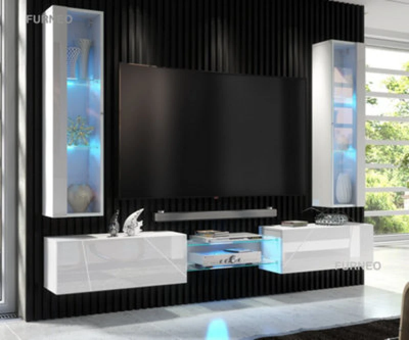 Image of Furneo White Floating TV Unit High Gloss Matt Living Room Set Display Cabinets Art 01/02 Blue LED Lights