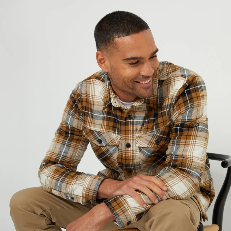 Image of Threadbare 'France' Borg Lined Check Shacket Camel