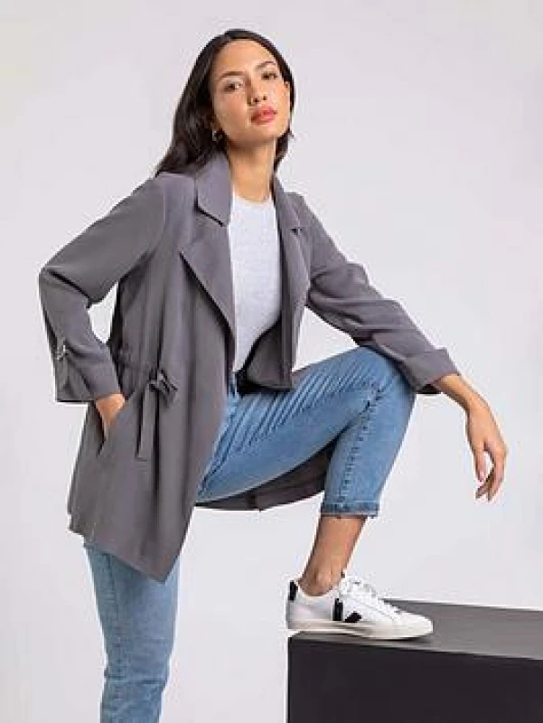 Image of Roman Womens Tie Waist Longline Jacket in Grey Size: 12 Grey Female 12