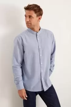Image of Blue Long Sleeve Plus And Tall Grandad Oxford Shirt