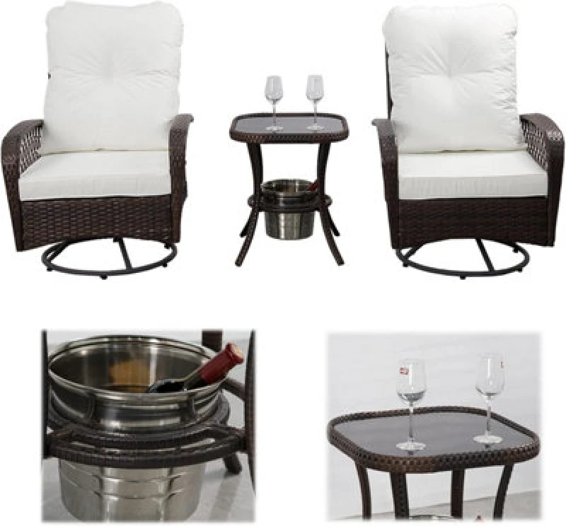 Image of 3 Pcs Garden Furniture Set, Swivel Wicker Bistro Set With Ice Bucket Table, Upholstered Lounge Chair Set