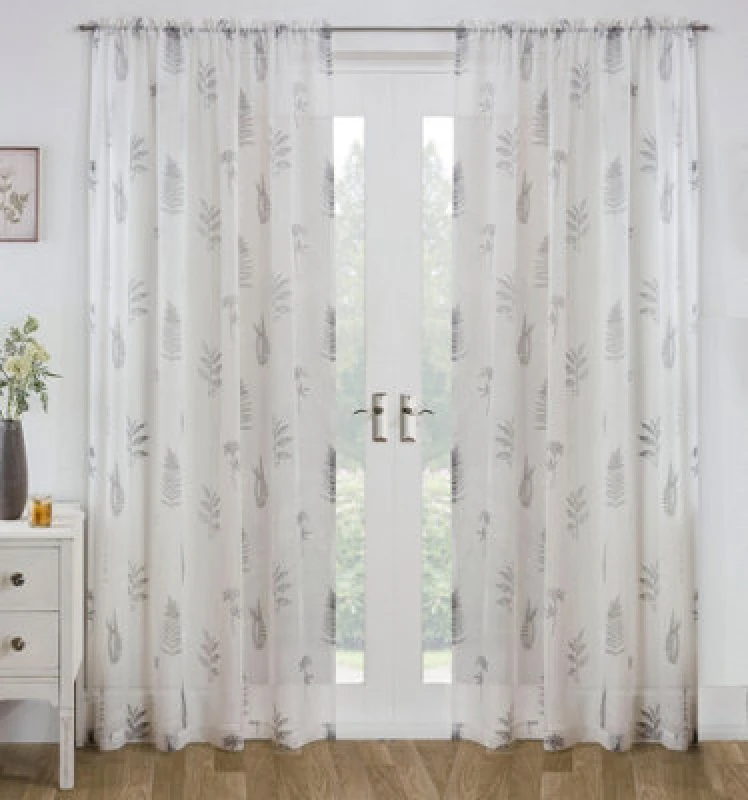 Image of Tyrone Textiles Bracken Grey Leaf Print Linen-Look Voile Panel - Pair 140 X 183cm (55X72")