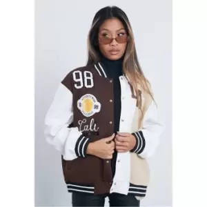 Image of I Saw It First Chocolate Spliced Graphic Varsity Oversized Jacket - Brown
