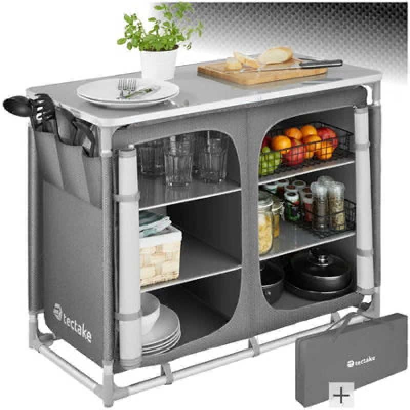 Image of Tectake Camping Kitchen - Foldable With 6 Compartments, Aluminium Frame - Grey