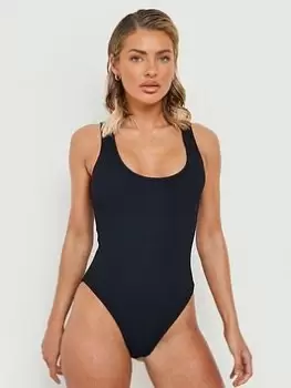 Image of Boohoo Crinkle Scoop Swimsuit - Black, Size 8, Women