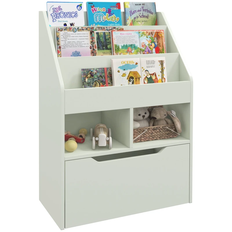 Image of HOMCOM Kids Bookcase, Toy Box w/ Storage Drawer, Wheels for Bedroom - Green Green