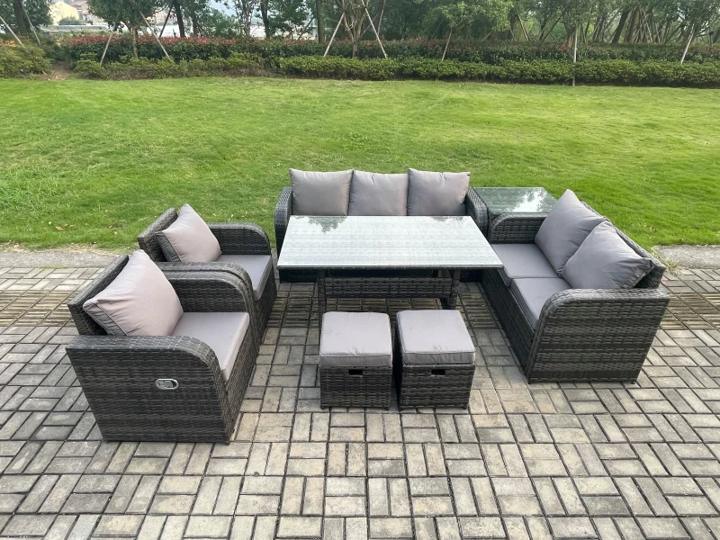 Image of Fimous Dark Grey PE Wicker Rattan Garden Furniture Set Reclining Chair Love Sofa 2 Seater Sofa Set Outdoor Rectangular Dining Table Small Footstools D