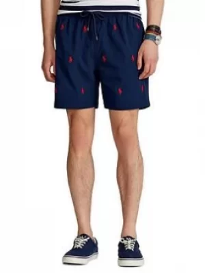 Image of Polo Ralph Lauren Polo Ralph Lauren Traveller Allover Logo Swim Shorts, Newport Navy, Size S, Men