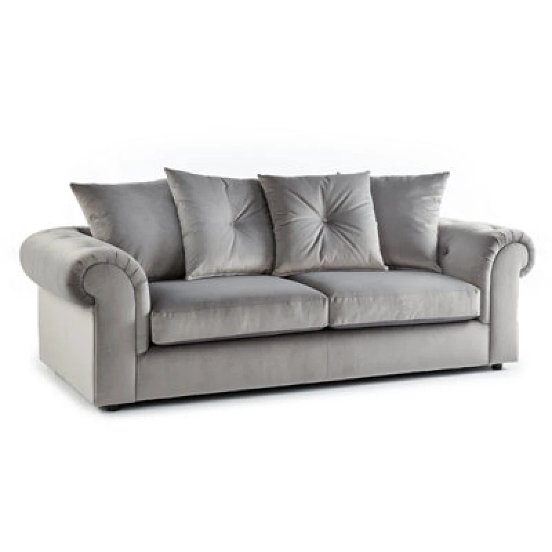 Image of Furnishings For Less UK Derby Fabric Grey 3 Seater Sofa Scatter Back, Scroll Arms Grey