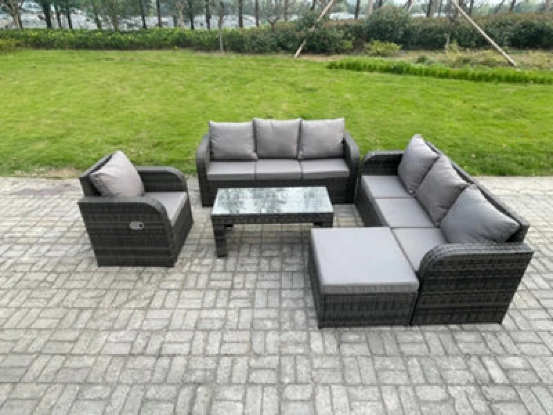 Image of Fimous 8 Seater Wicker PE Rattan Sofa Set Outdoor Patio Garden Furniture Set with Reclining Chairs Coffee Table Big Footstool Dark Grey