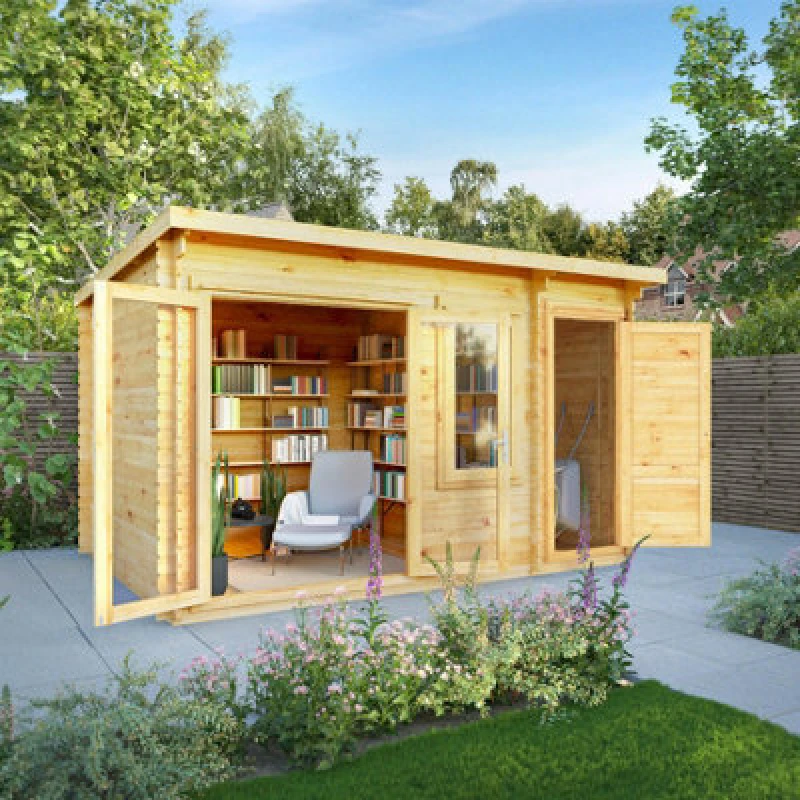 Image of Waltons 4.1M X 3M Wooden 28mm Log Cabin With Side Shed Pent Roof Summerhouse 13ft X 10ft