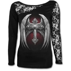 Image of Absolution Womens Large Long Sleeve Lace One Shoulder Top Black Tops - Black