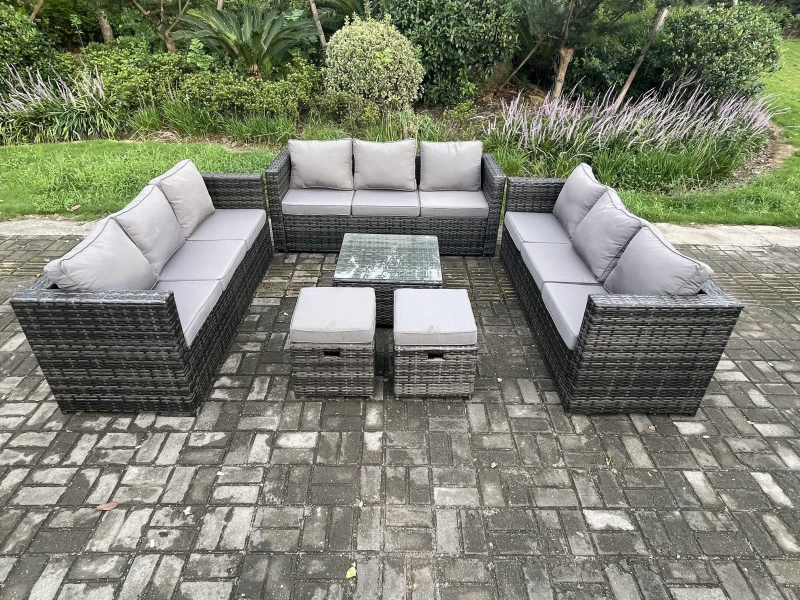 Image of Fimous Outdoor Rattan Garden Furniture Set 11 Seater Patio Lounge Sofa Set with Square Coffee Table 2 Small Footstool Dark Grey