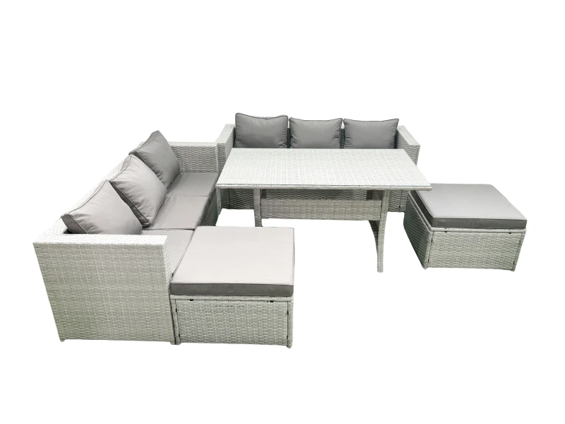 Image of Fimous Rattan Garden Furniture Set 8 Seater Outdoor Sofa Set with Dining Table 2 Big Footstools Light Grey Mixed Light Grey