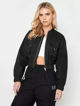 Image of PixieGirl Petite Black Cropped Utility Pocket Bomber Jacket, Black, Size 8, Women