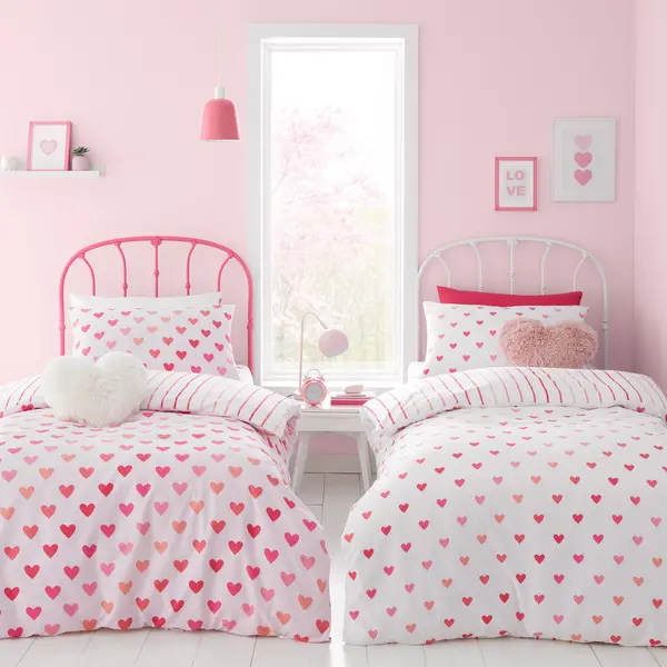 Image of Set of 2 Hearts and Stripes Reversible Duvet Cover and Pillowcase Sets MultiColoured